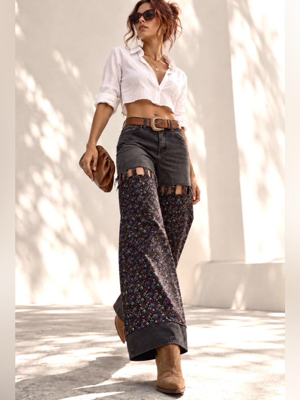 Reworked Denim Organic Cotton Floral Pants, Wide Leg Boho Patchwork Trousers W26